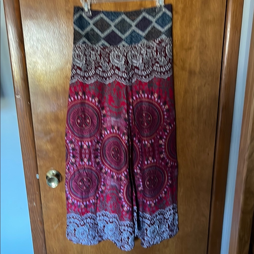 Vibrant Red Wide Leg Pants with Intricate Patterns